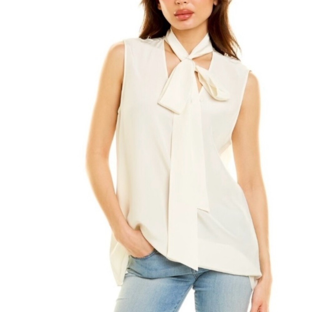 🤍 St. John Sleeveless Silk Scarf Blouse – Cream – Size 2  🤍